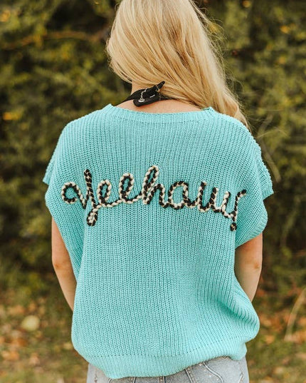 Mint Knit Sweater Boot-stitch Pocket Edge Thread Top