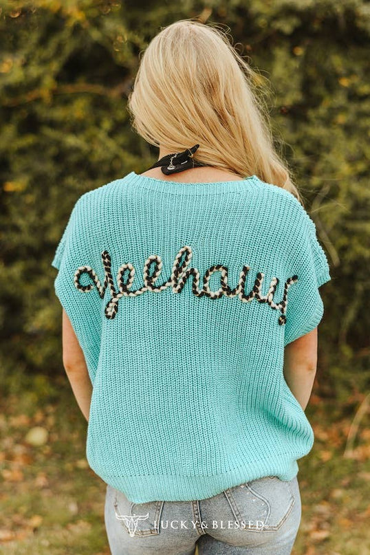 Mint Knit Sweater Boot-stitch Pocket Edge Thread Top
