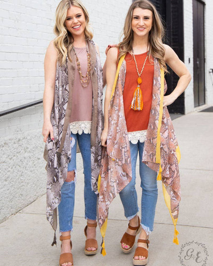 Can't Rattle Me Snake-Print Cover Up with Mustard Trim & Tassels