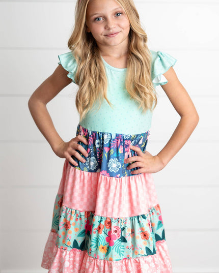 Girls Ava Mint Pink Spring Summer Easter Floral Tiered Dress