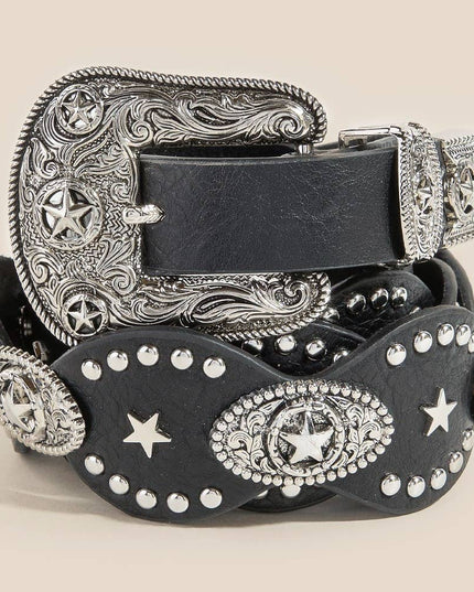 Western Star Embroidered Buckle Detail Faux Leather Belt