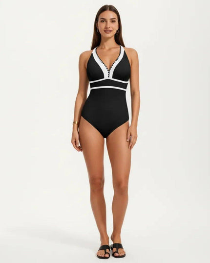 One Piece Swimsuit with Deep V Neck Contrast Trim and Sculpted Waist Design