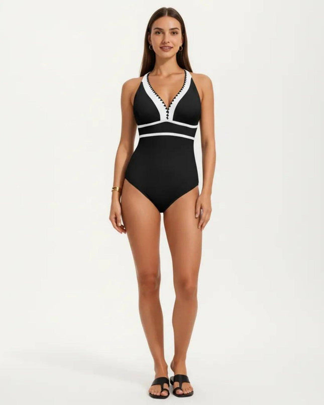 One Piece Swimsuit with Deep V Neck Contrast Trim and Sculpted Waist Design