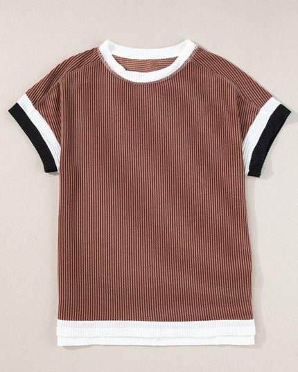 Textured Contrast Trim Round Neck T Shirt