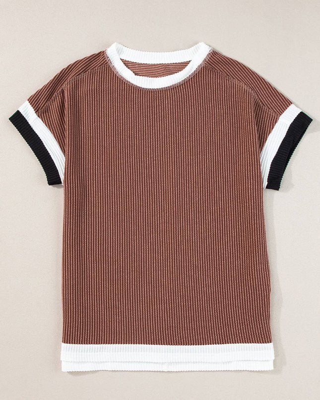 Textured Contrast Trim Round Neck T Shirt