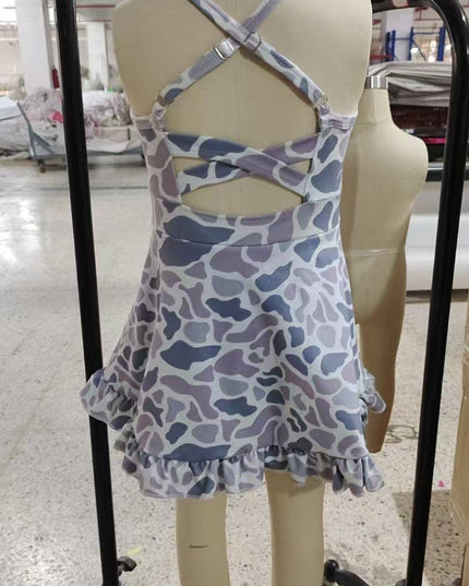 Baby Girls Strap Gray Camo Yoga Ruffle Knee Length Dresses