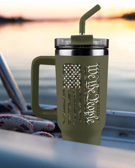 HOLD FAST 40 oz Stainless Steel Mug With Straw We The People Camo Flag