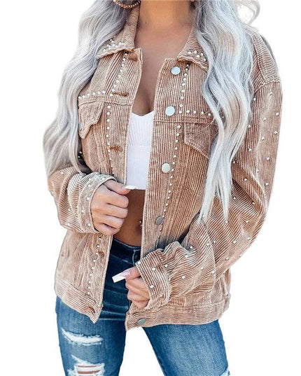 Stylish Corduroy Short Jacket With Rivets For Casual Wear