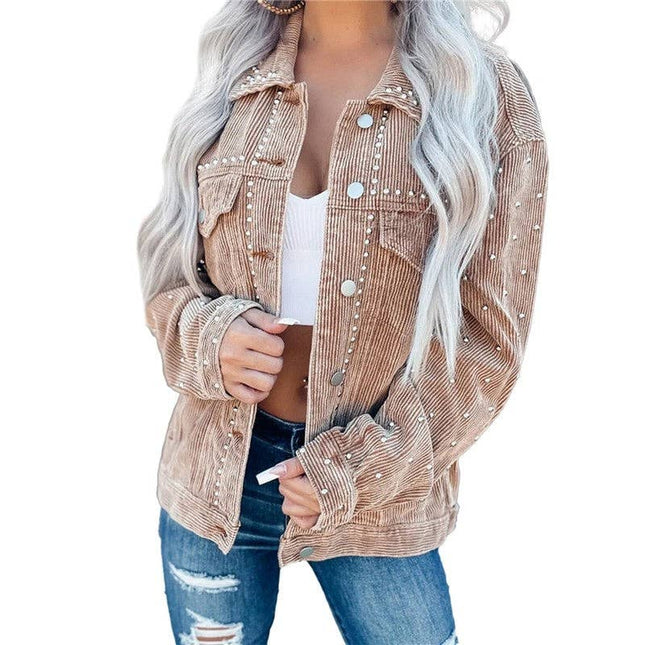 Stylish Corduroy Short Jacket With Rivets For Casual Wear