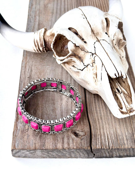 Turquoise Square Stone Studded Western Stretch Bracelet - Pink