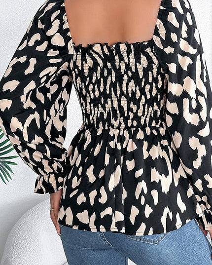 Leopard Square Neck Long Sleeves Frilled Blouse