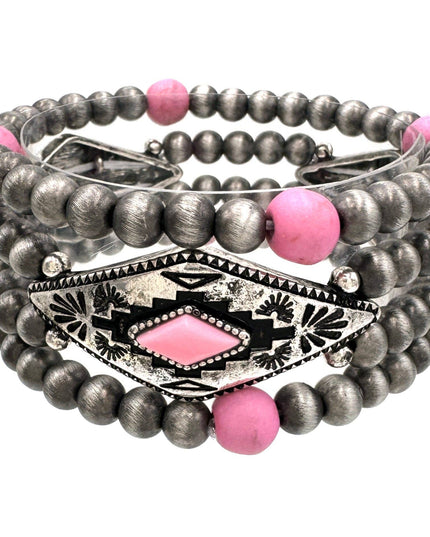 Pink Three Piece Navajo Style Bead Stretch Bracelet