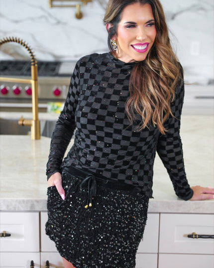 Times Square Velvet Mesh Top- Black Checkered