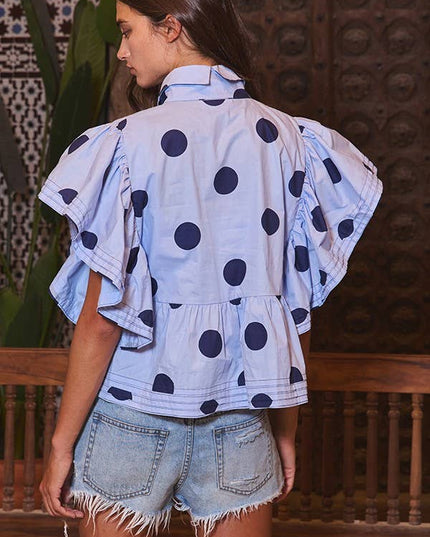 IT2337 Ruffle Sleeves Pintuck Detail Polka Dot Print top