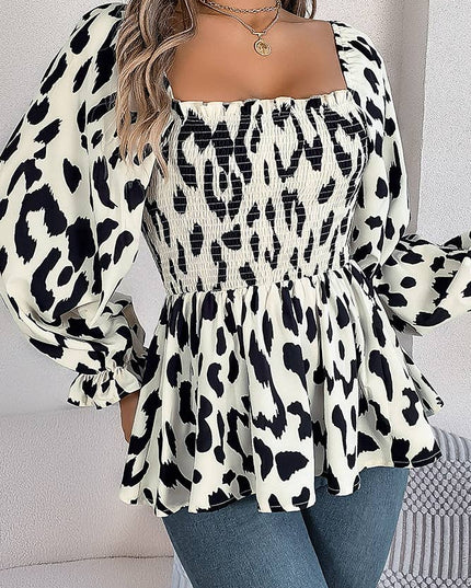 Leopard Square Neck Long Sleeves Frilled Blouse