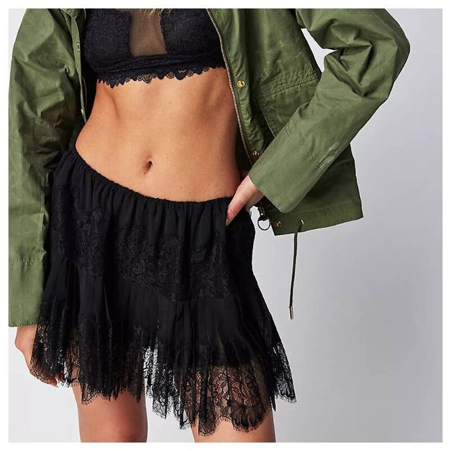 High Waist Lace Mini Skirt With Irregular Hem In Solid Color