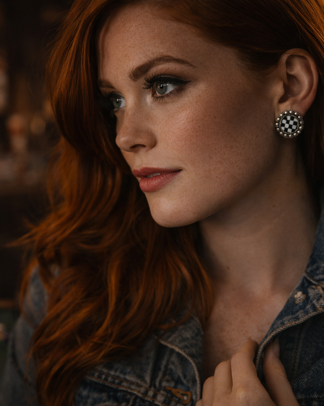 Midnight Checkered Concho Stud Earrings