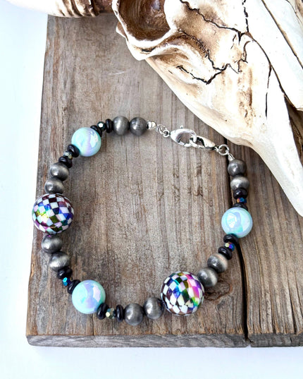 Western Style Navajo Pearl Checkered Trucker Hat Chain Band