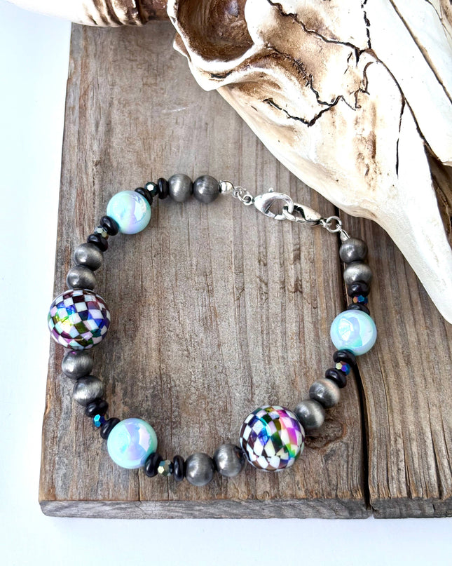Western Style Navajo Pearl Checkered Trucker Hat Chain Band