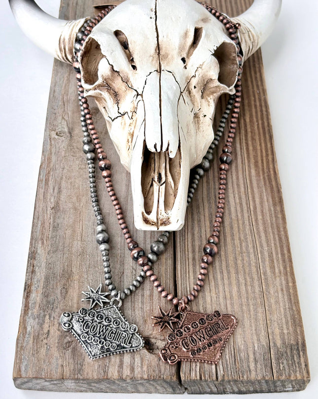 Western Style Navajo Pearl "WELCOM COWGIRL" Pendant Necklace
