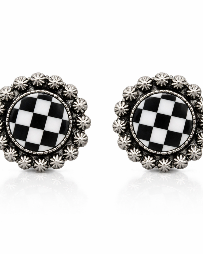 Midnight Checkered Concho Stud Earrings