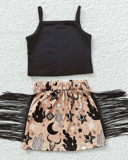 Sibling Baby Girls Western Top Tassel Skirts Outfits Sets