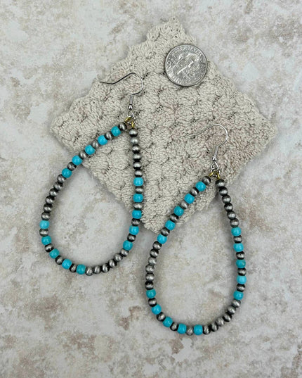 ER190810-08-BLUE-SILVER    "Silver Navajo pearl with blue turquoise beads  teardrop hoop Earrings"