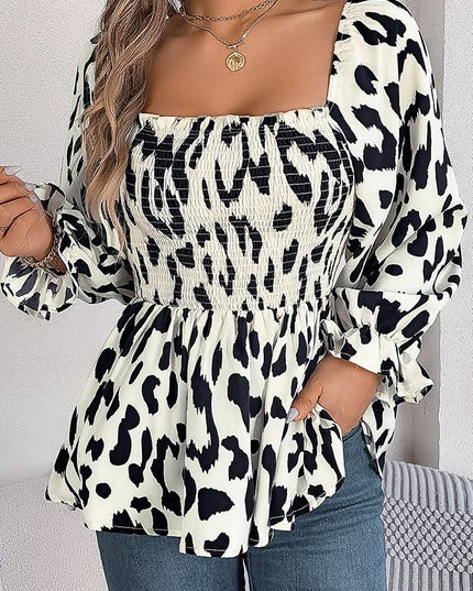 Leopard Square Neck Long Sleeves Frilled Blouse