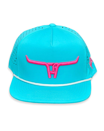 "CA Longhorn" Pink Puff - CA Turquoise Laser Holes/ White Rope, Snapback Cap (2024)