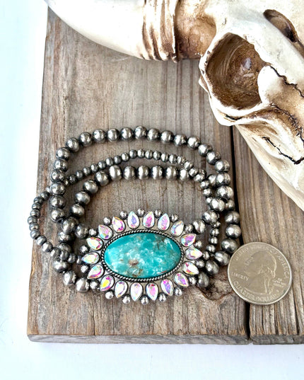 3 Layered Navajo Pearl Stretch Bracelet w/ Turquoise Stone