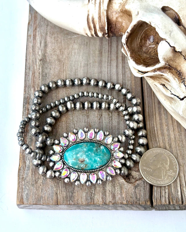 3 Layered Navajo Pearl Stretch Bracelet w/ Turquoise Stone