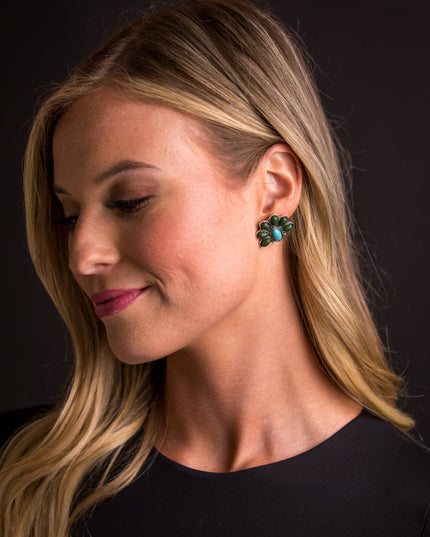 1" Turquoise and Green Half Flower Post Earring