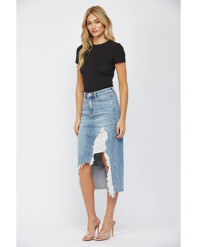 HIGH WAISTED MIDI SKIRT WITH DISTRESSED