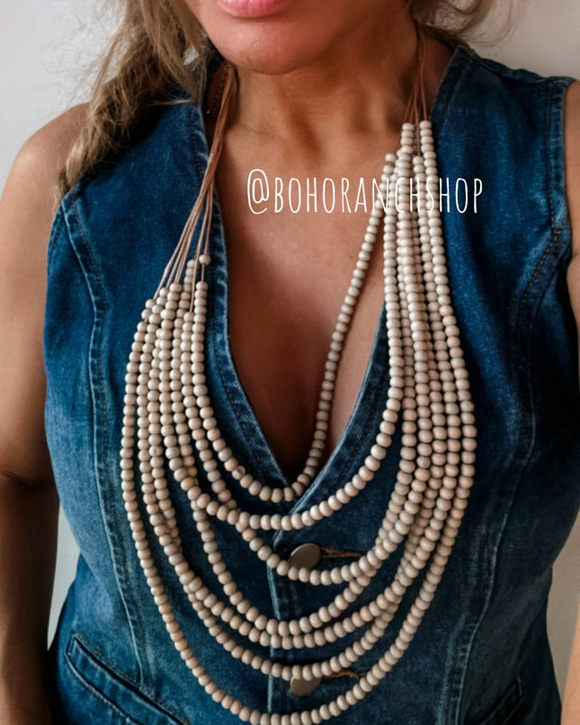 Multi Strand Wood Bead Boho Necklace