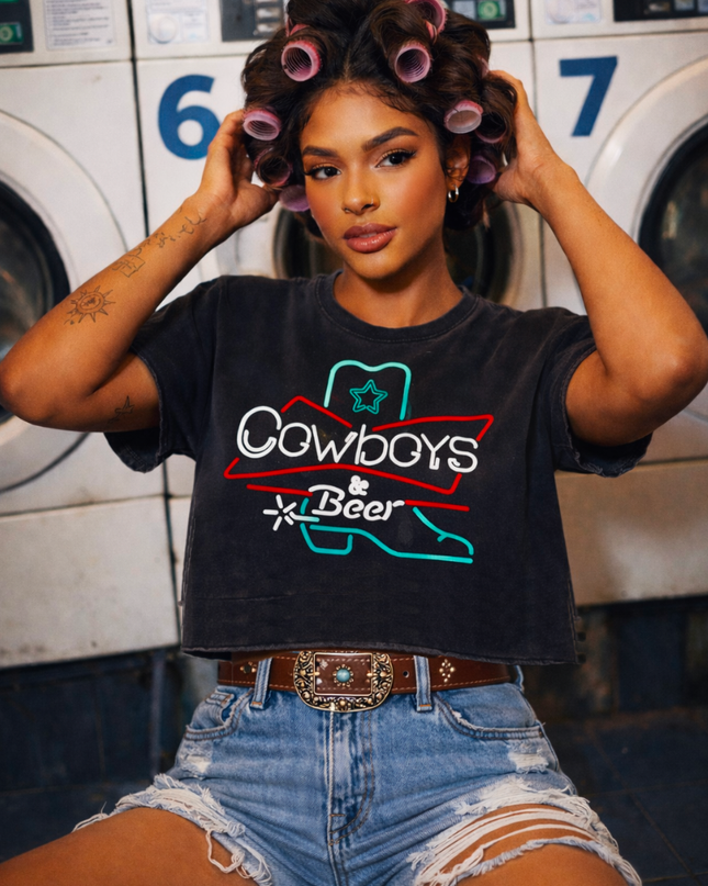 Cowboys & Beer Neon Boot Relaxed Cropped Acid wash T-shirt