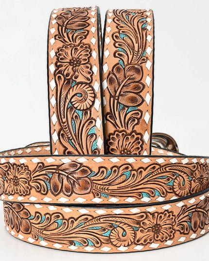 LC-ADBLF258 Tan Floral Tooled Leather Belt with Turquoise Accents and Whipstitch Edge
