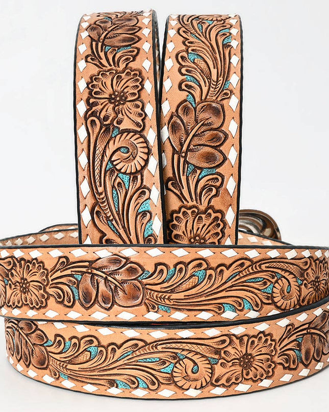 LC-ADBLF258 Tan Floral Tooled Leather Belt with Turquoise Accents and Whipstitch Edge
