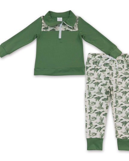 Long sleeves green duck zipper pullover pants boys outfits