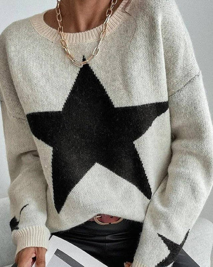 Round Neck Sweater With Five-Pointed Star Print