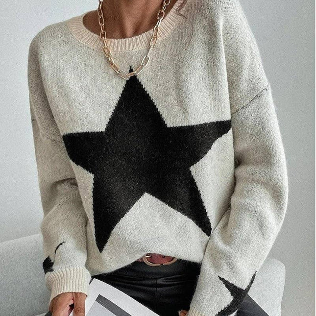 Round Neck Sweater With Five-Pointed Star Print