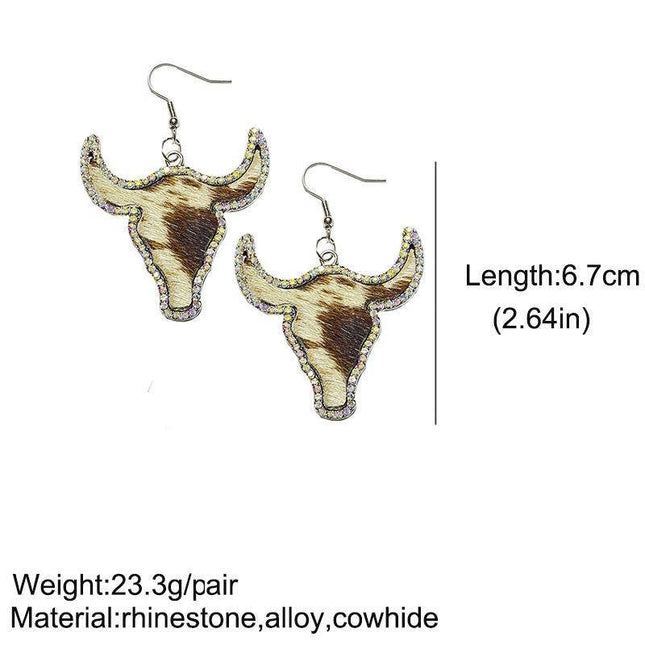 Western Style Cowboy Rhinestone Cowhide Cowhead Earrings -WJ