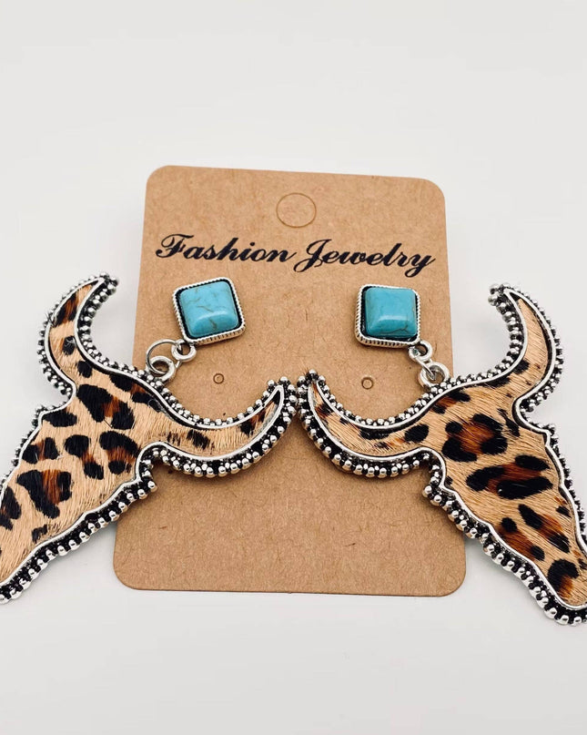 Western Style Cowhide Cowhead Shape Stud Earrings - WJ