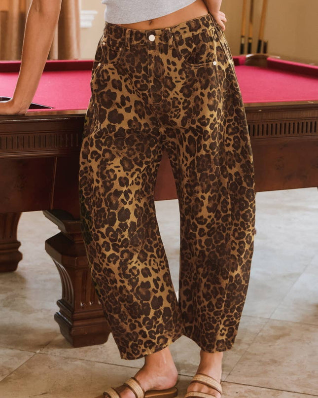 Washed Leopard Printed Barrel Jean