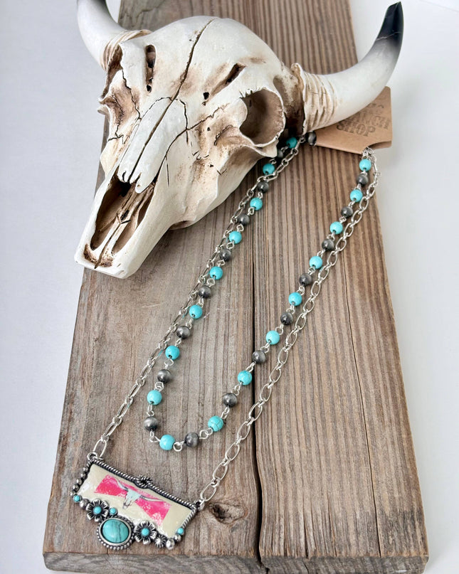 2 Layer Turquoise Stone, Navajo Pearl Pendant Necklace