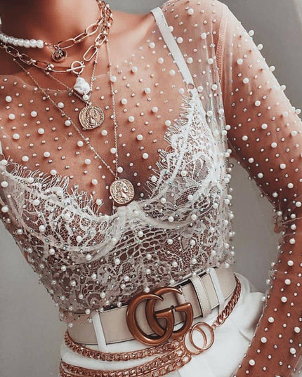 Pearl rhinestone sheer mesh see through top