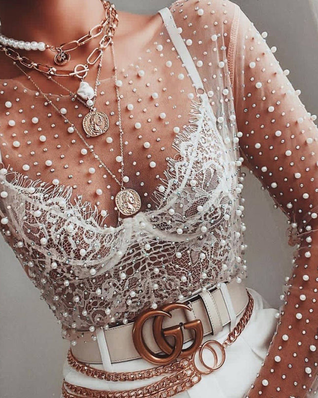 Pearl rhinestone sheer mesh see through top