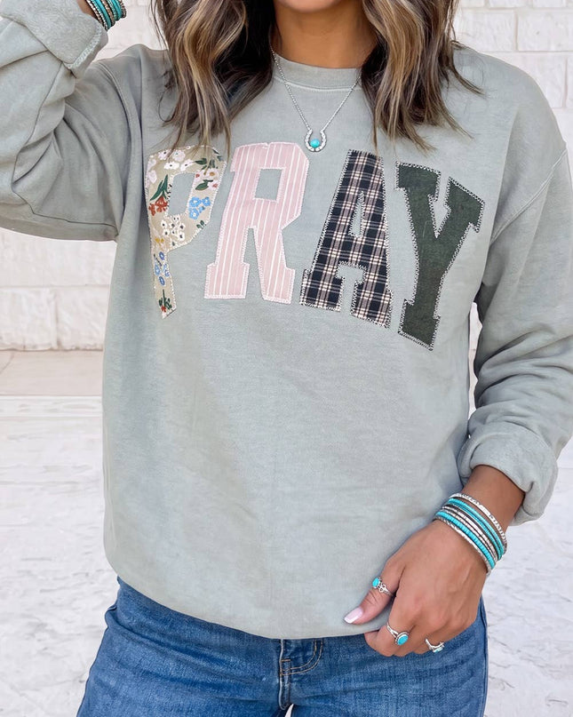 PRAY Letter Embroidered Western Pullover Sweatshirt S-4X