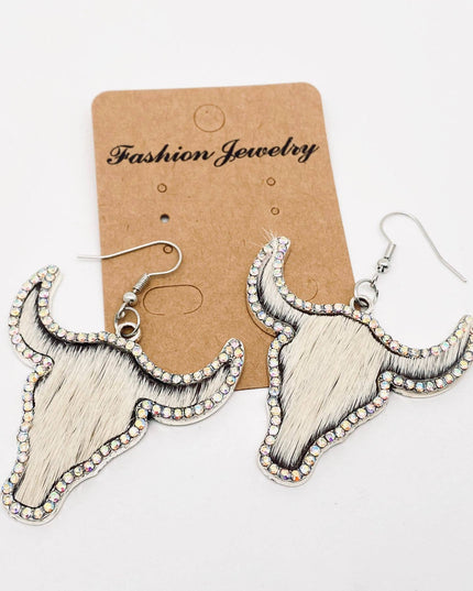Western Style Cowboy Rhinestone Cowhide Cowhead Earrings -WJ