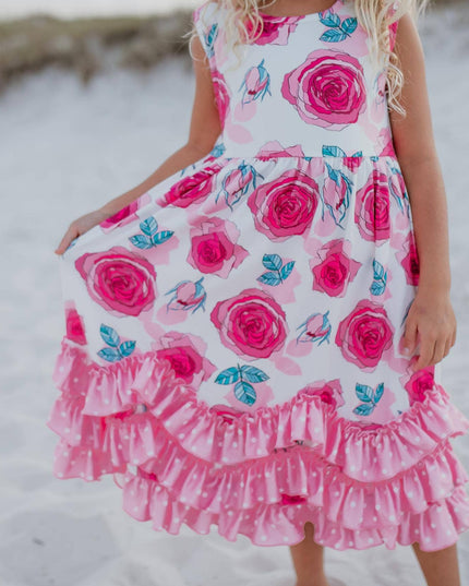 Girls Pink Rose 3 Ruffle Spring Summer Easter Dress
