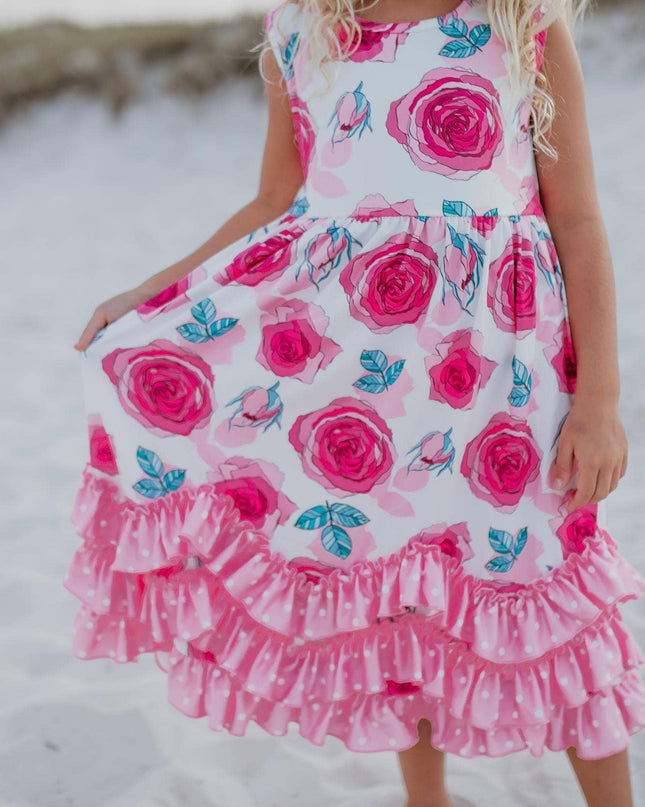 Girls Pink Rose 3 Ruffle Spring Summer Easter Dress
